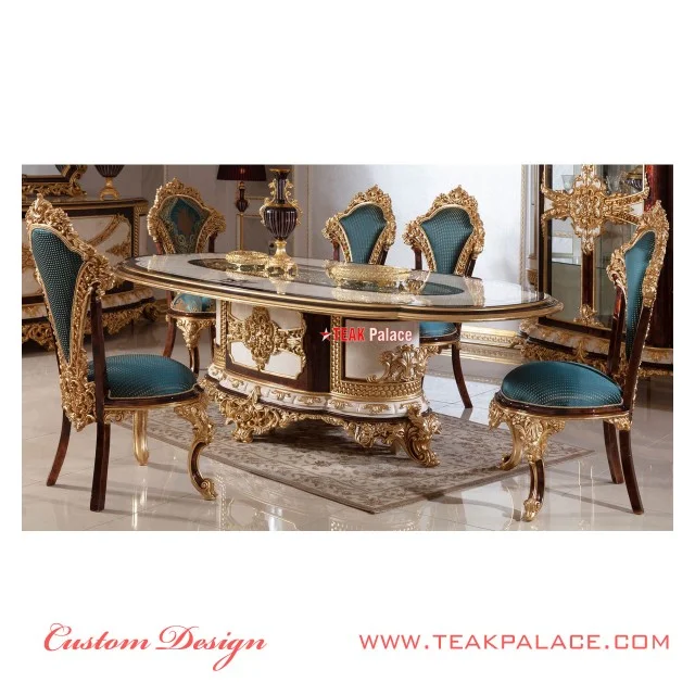 Meja Kursi Makan Ukiran Mewah Emas Armani | Ruang Makan Set Ukir