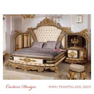 Tempat Tidur Mewah Ukiran warna Emas Seri Baroque Tempat Tidur Mewah Ukiran warna Emas Seri Baroque