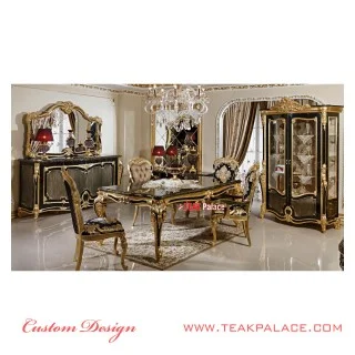 Kursi Meja Makan Ukiran Jepara Mewah Emas Hitam Seri Phantom