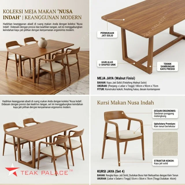 Set Meja Makan 4 Kursi Hiroshima Kayu Jati Premium – Elegansi Modern untuk Ruang Makan Anda
