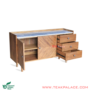Buffet Minimalis Vintage kayu Jati Natural Seri Arna Top Marmer Carara