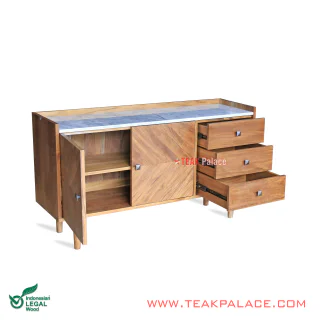 Buffet Minimalis Vintage kayu Jati Natural Seri Arna Top Marmer Carara