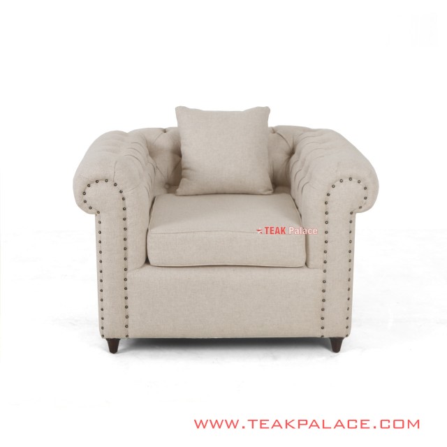 Single Sofa Minimalis Cream Linen Chesterfield