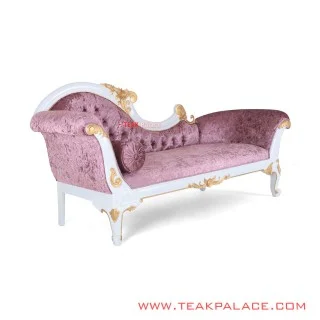 Sofa Santai Kayu Jati Ukir Warna Putih Ungu Seri Dahlia