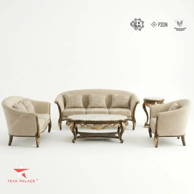 Set Sofa Kayu Jati Mewah Seri Begawan 321 Top Marmer – Elegan & Klasik Modern