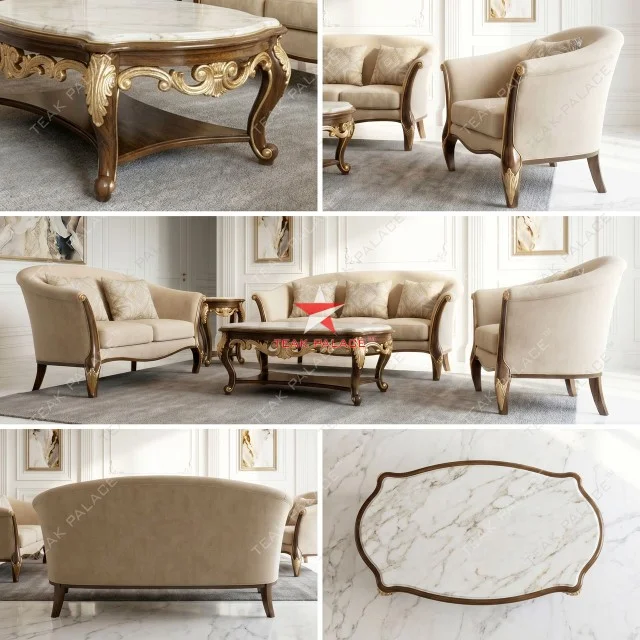 Set Sofa Kayu Jati Mewah Seri Begawan 321 Top Marmer – Elegan & Klasik Modern