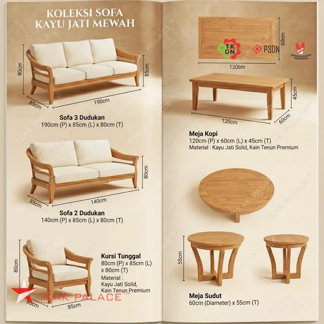 Sofa Ruang Tamu Elegan Minimalis Seri Benoa 321 - Kayu Jati Solid