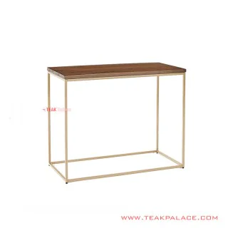 Meja Sudut Seri Aespa Rangka Besi Emas Top Kayu Jati Salak Brown