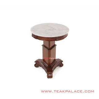 Meja Sudut Jati Ukir Salak Brown Top Table Marmer