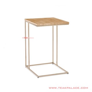 Meja Sudut Rangka Besi Emas Top Kayu Jati Natural Seri Mensa