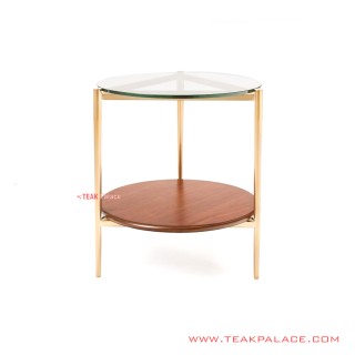 Meja Sudut Rangka Besi Emas Top Kaca dan Kayu Jati salak Brown Seri Luxus