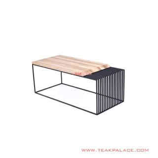 Meja Tamu Dexter Rangka Besi Hitam Top Table Jati Natural