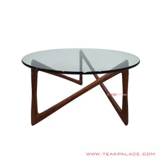 Meja Tamu Kaca Kayu Jati Minimalis 90 cm Zagi Black Walnut