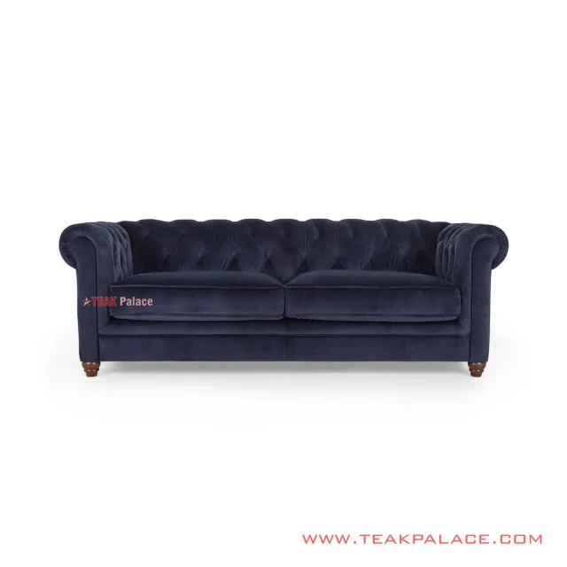 Sofa Chesterfield 3 Seater Jati Blackwalnut Biru Minimalis