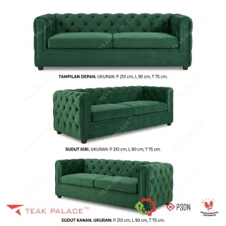 Sofa Chester 3 Dudukan Minimalis Modern Mewah - Beludru Hijau Premium & Rangka Kayu Jati