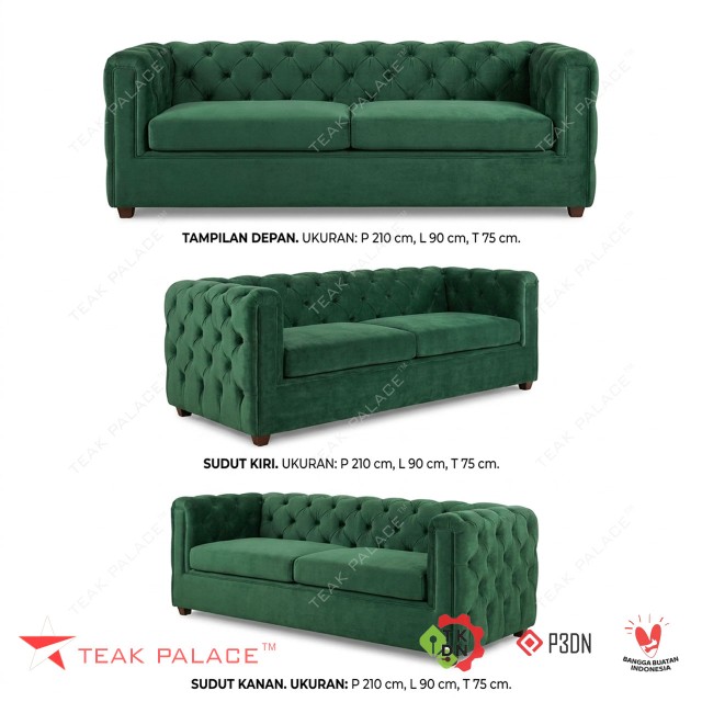 Luxury Modern Sofa 3 Seater Green Chester