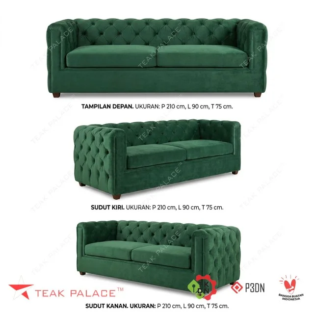 Sofa Chester 3 Dudukan Minimalis Modern Mewah - Beludru Hijau Premium & Rangka Kayu Jati