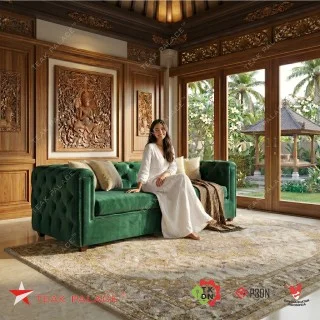 Sofa Chester 3 Dudukan Minimalis Modern Mewah - Beludru Hijau Premium & Rangka Kayu Jati