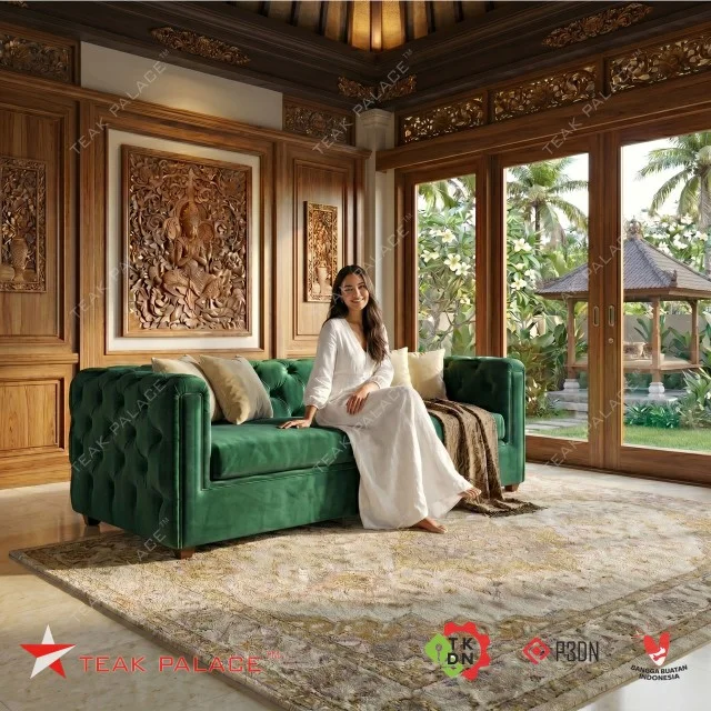 Sofa Chester 3 Dudukan Minimalis Modern Mewah - Beludru Hijau Premium & Rangka Kayu Jati