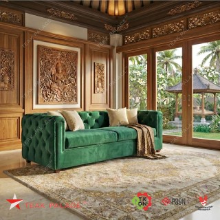 Sofa Chester 3 Dudukan Minimalis Modern Mewah - Beludru Hijau Premium & Rangka Kayu Jati