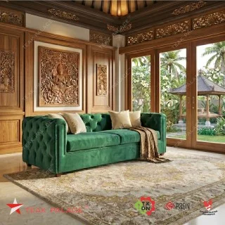 Sofa Chester 3 Dudukan Minimalis Modern Mewah - Beludru Hijau Premium & Rangka Kayu Jati
