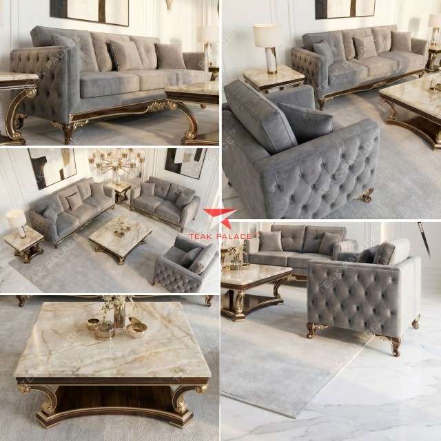 Dumai Series Luxury Modern Sofa Set (3-2-1) - Premium Velvet & Genuine Marble Tables