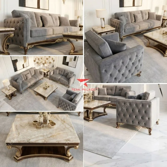 Set Sofa Minimalis Mewah Seri Dumai (3-2-1) Beludru Premium & Meja Marmer Asli
