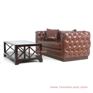 Sofa Santai Kayu Jati Brown Kulit Oscar Seri Diamond