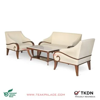 Kursi Tamu Minimalis Kayu Jati 211 Jasmine Kulit Ivory