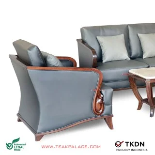 Kursi Tamu Sofa Kayu Jati Kulit Grey Lunia 211 Terbaru 2023