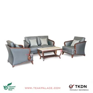 Kursi Tamu Sofa Kayu Jati Kulit Grey Lunia 211 Terbaru 2023