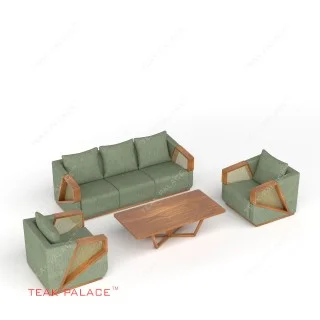 Sofa Jati Minimalis 311 Rotan Xander Kain Warna Hijau
