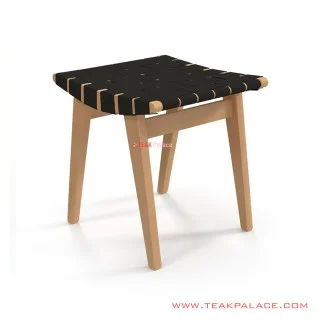 Oldense Stool Teak Wood Natural Minimalist Woven Black Fabric