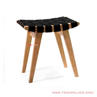  Oldense Stool Teak Wood Natural Minimalist Woven Black Fabric