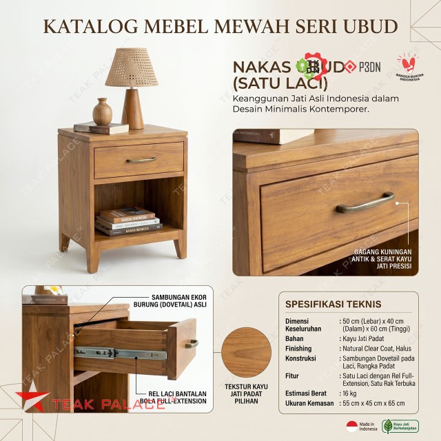 Minimalist Teak Nightstand - Ubud Series Premium 1-Drawer | Teak Palace