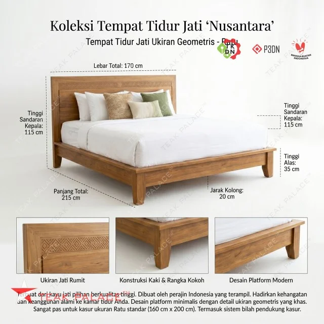 Dipan Kayu Jati Minimalis Seri Ubud (Ukuran Queen 160x200) - Elegan & Kokoh