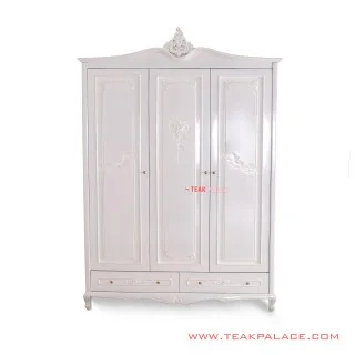 Lemari Putih 3 Pintu Kayu Jati Klasik Kemuning