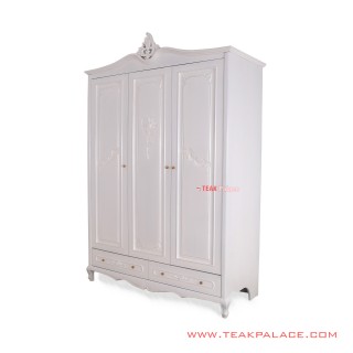 Lemari Putih 3 Pintu Kayu Jati Klasik Kemuning