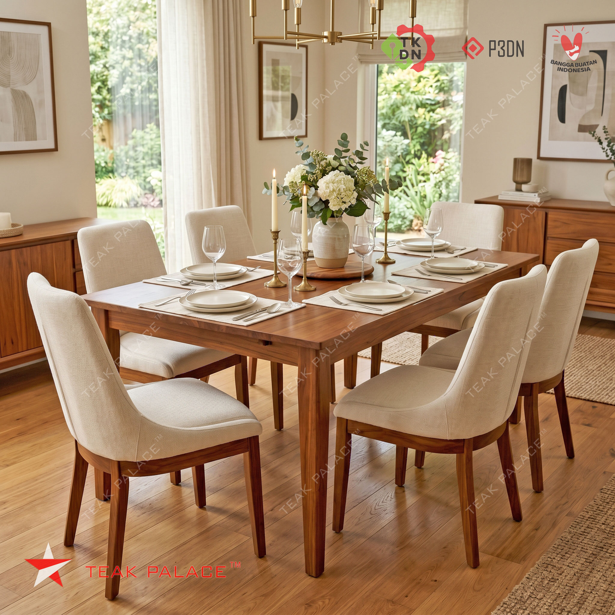 Set meja makan kayu jati 6 kursi desain minimalis modern