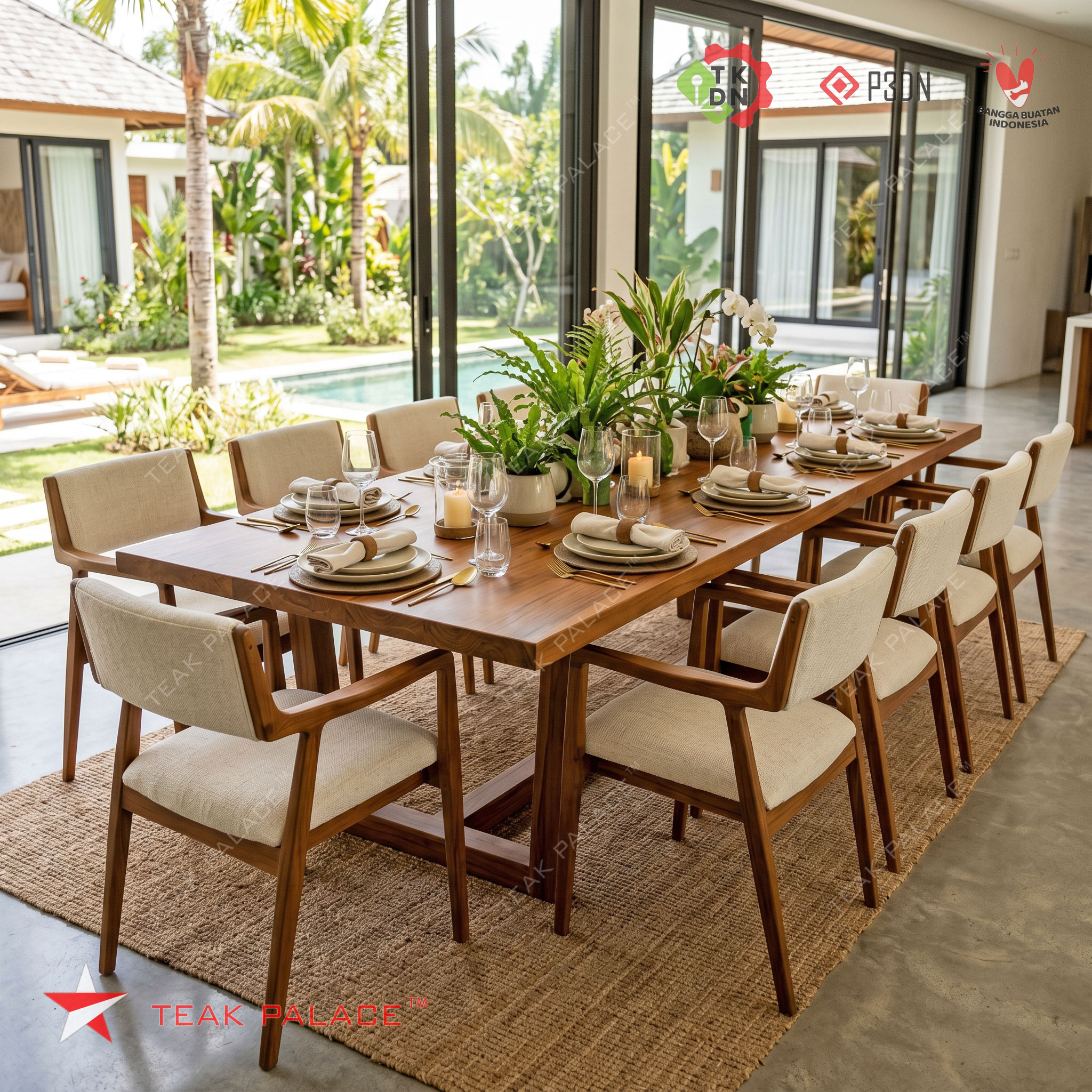 Meja makan minimalis 10 kursi kayu jati