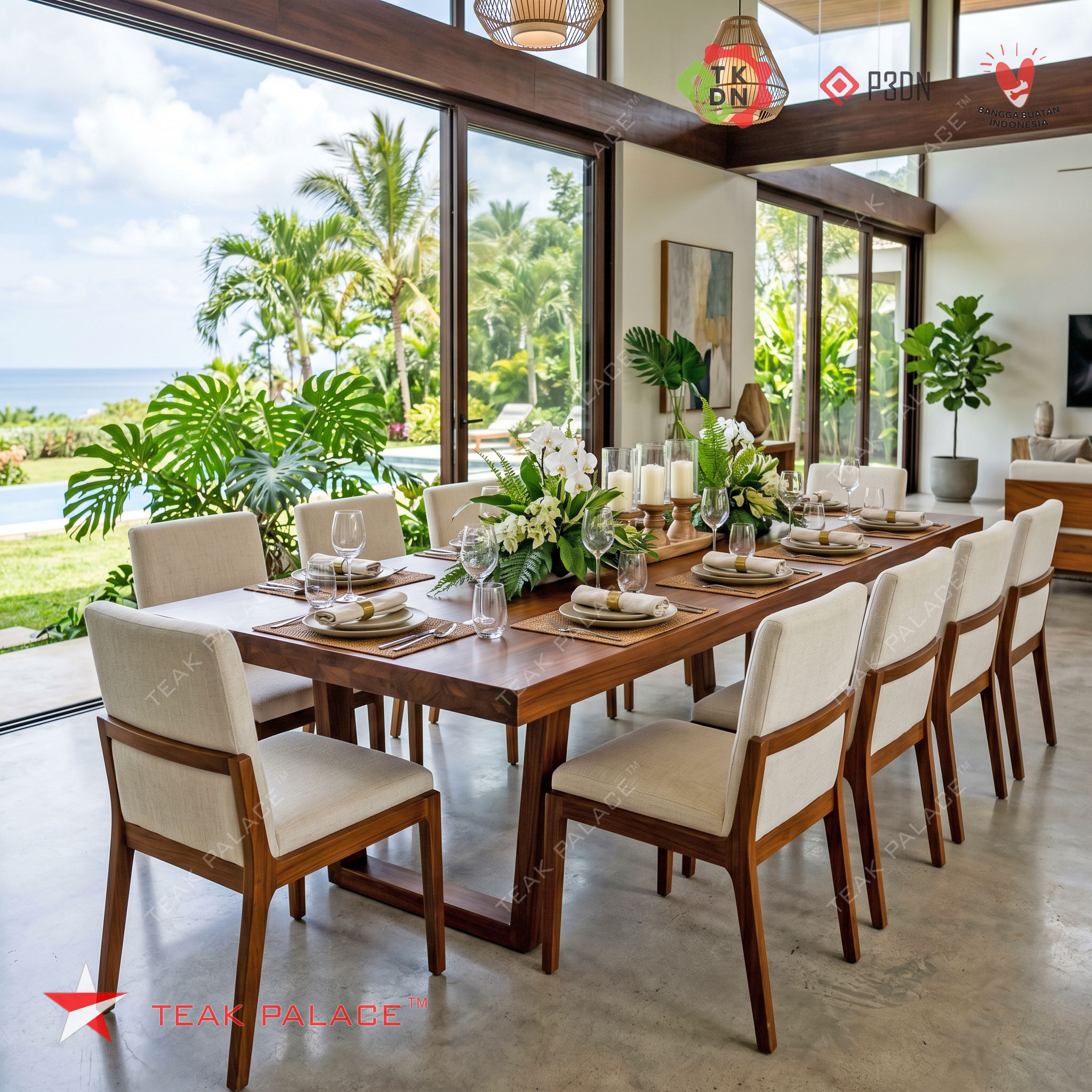 Meja makan minimalis kayu jati 10 kursi villa bali modern
