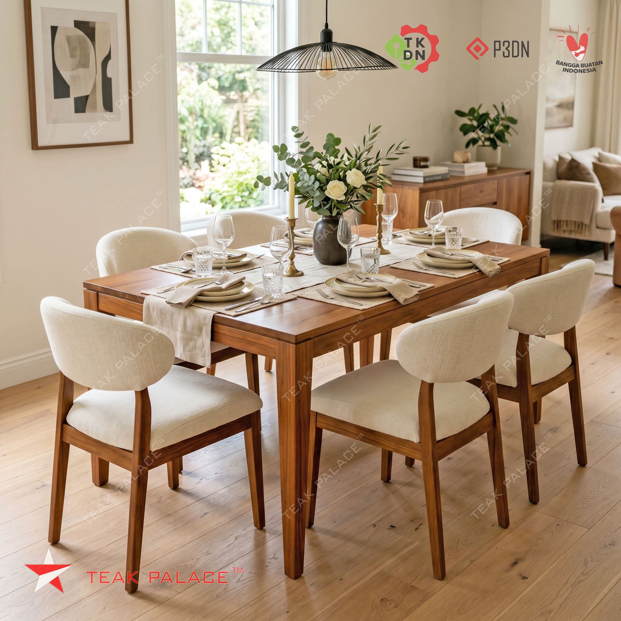 Meja makan minimalis kayu jati 6 kursi villa bali modern