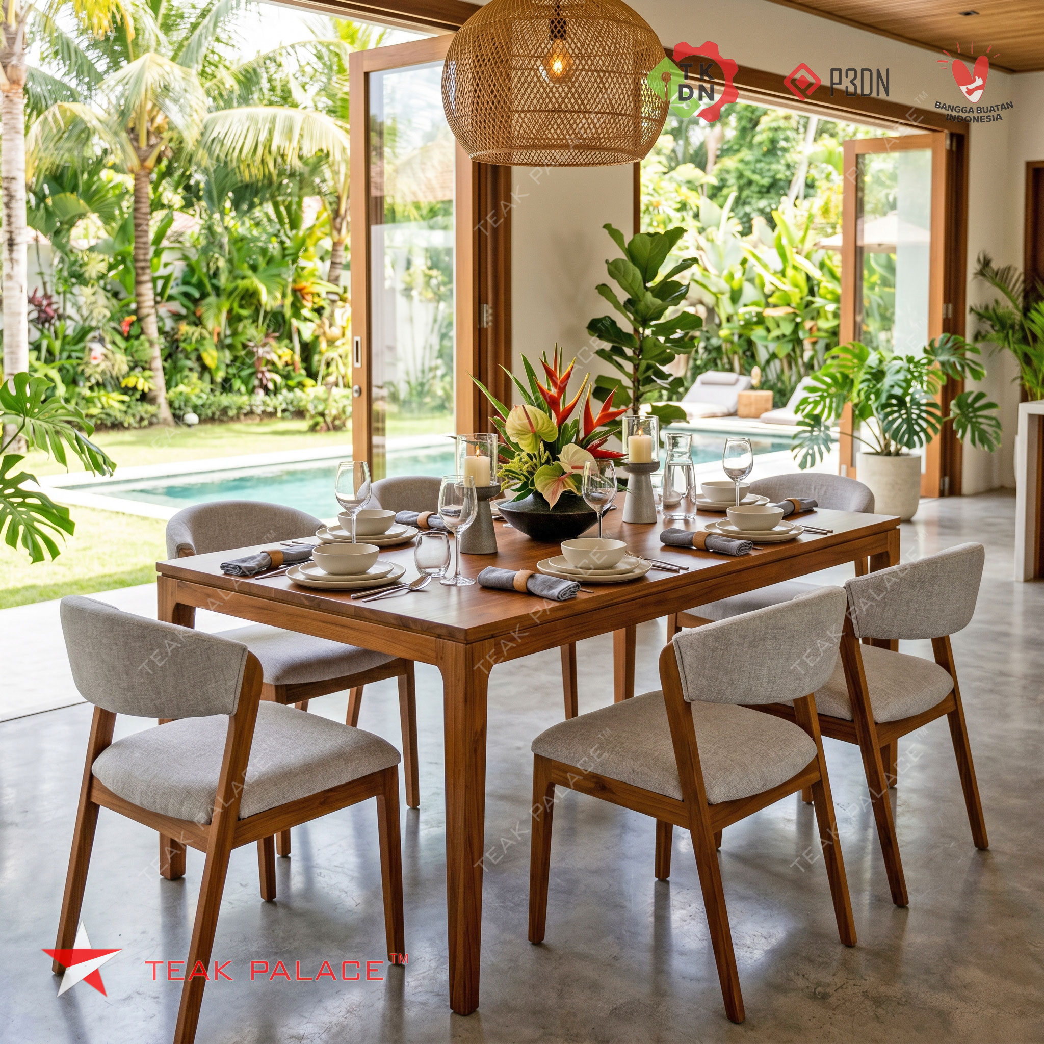 Set meja makan kayu jati 6 kursi desain minimalis modern
