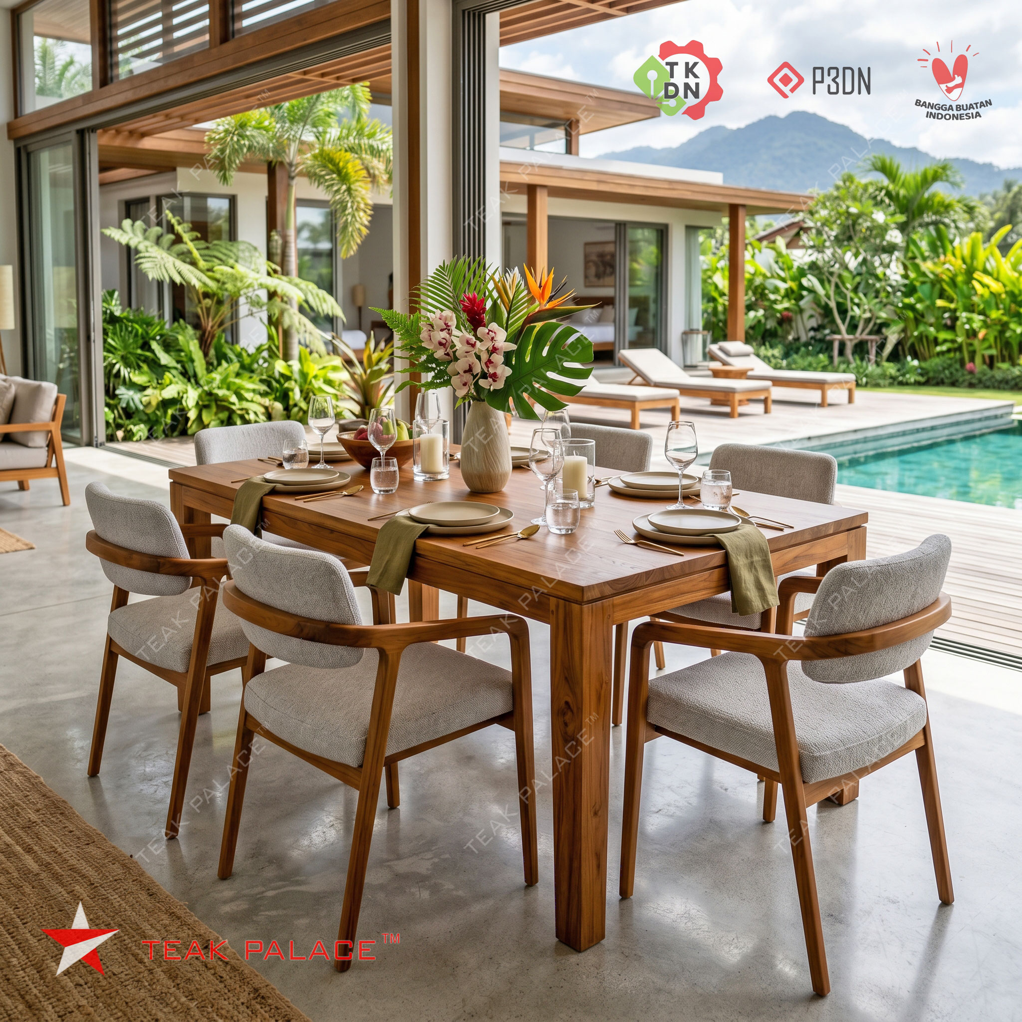 Meja makan minimalis kayu jati 6 kursi villa bali modern
