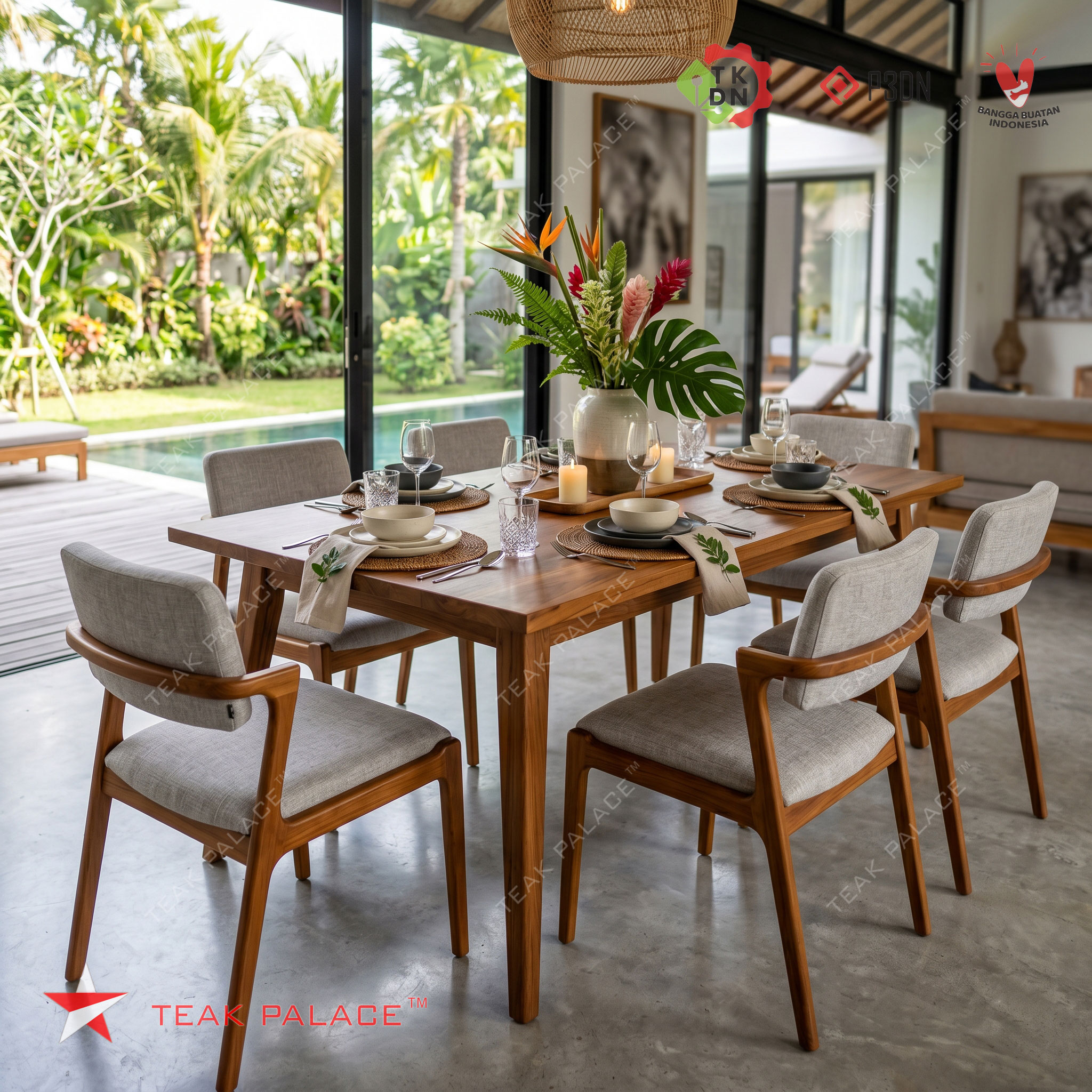 Meja makan minimalis kayu jati 6 kursi villa bali modern
