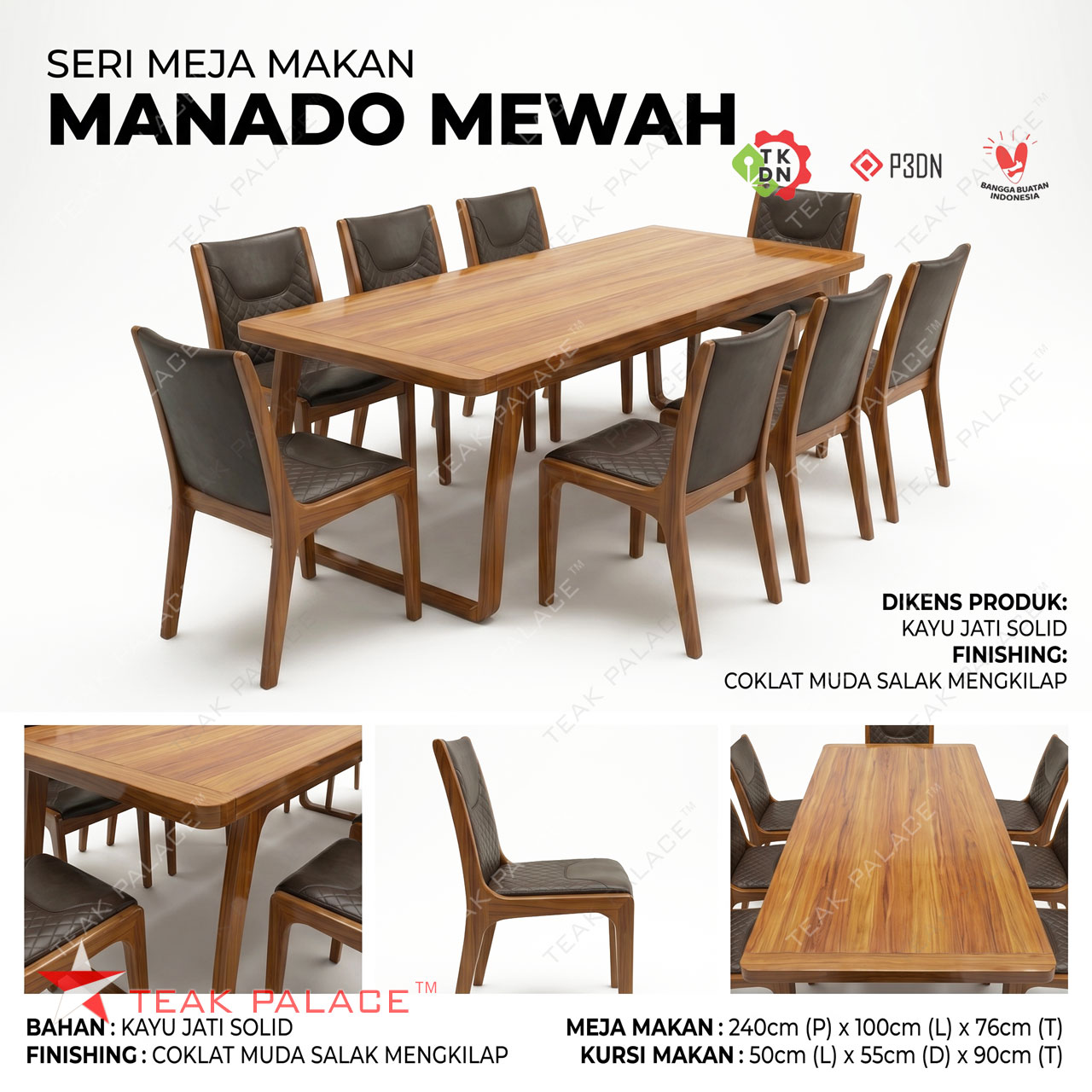 detail Set Meja Makan Minimalis Mewah 8 Kursi Kayu Jati Seri Medan