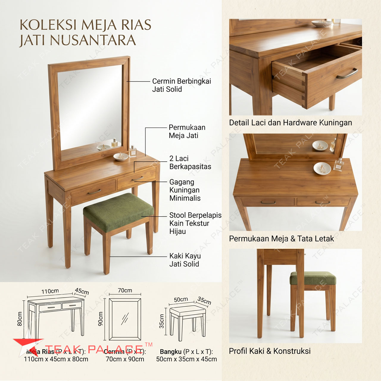 Detail spesifikasi dan ukuran meja rias minimalis kayu jati Seri Layton Teak Palace.